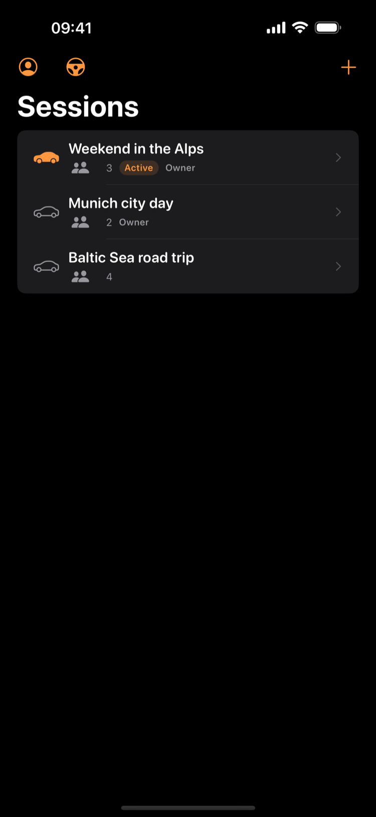 The trip list with shared sessions